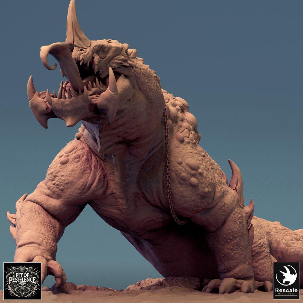 Product photo Tabletop 28mm Lord of the Print (LotP) 0: Tabletop miniature: Barbarian rider on swamp beast - reptilian war dinosaur, warbeast with spear, chain and saddle armor (24_08_C2)