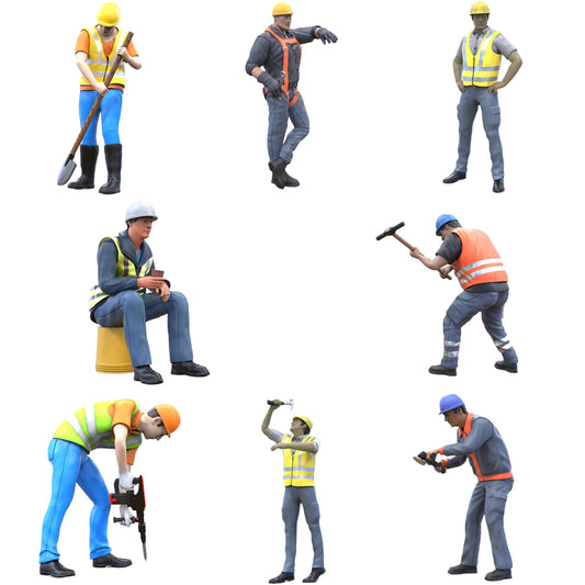 Product photo diorama and model building miniature figure: Construction Worker Set, 8 figures
