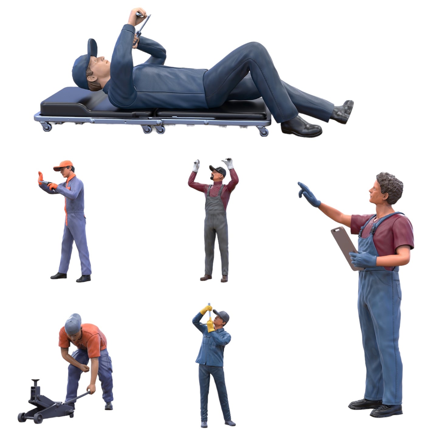 Product photo diorama and model building miniature figure: Mechanic set, 6 figures