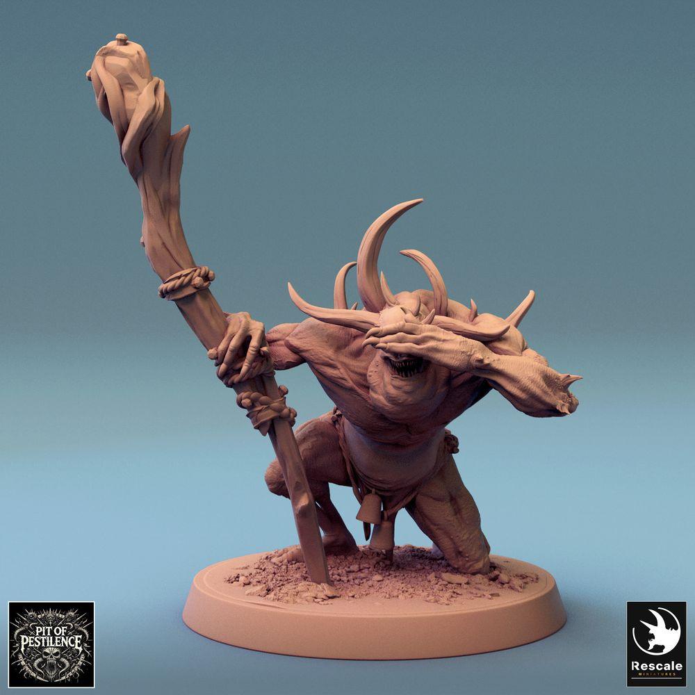 Product photo Tabletop 28mm Lord of the Print (LotP) 0: Tabletop miniature: Horned Demon Warrior, Beast Priest, Mutant Shaman with Ritual Staff, Chaos Spawn Boss Monster (24_08_F2)