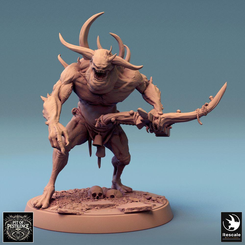 Product photo Tabletop 28mm Lord of the Print (LotP) 1: Tabletop miniature: Titan demon, chaos monster, hell beast - boss monster with two-handed glaive, horns, and claws (24_08_F6)