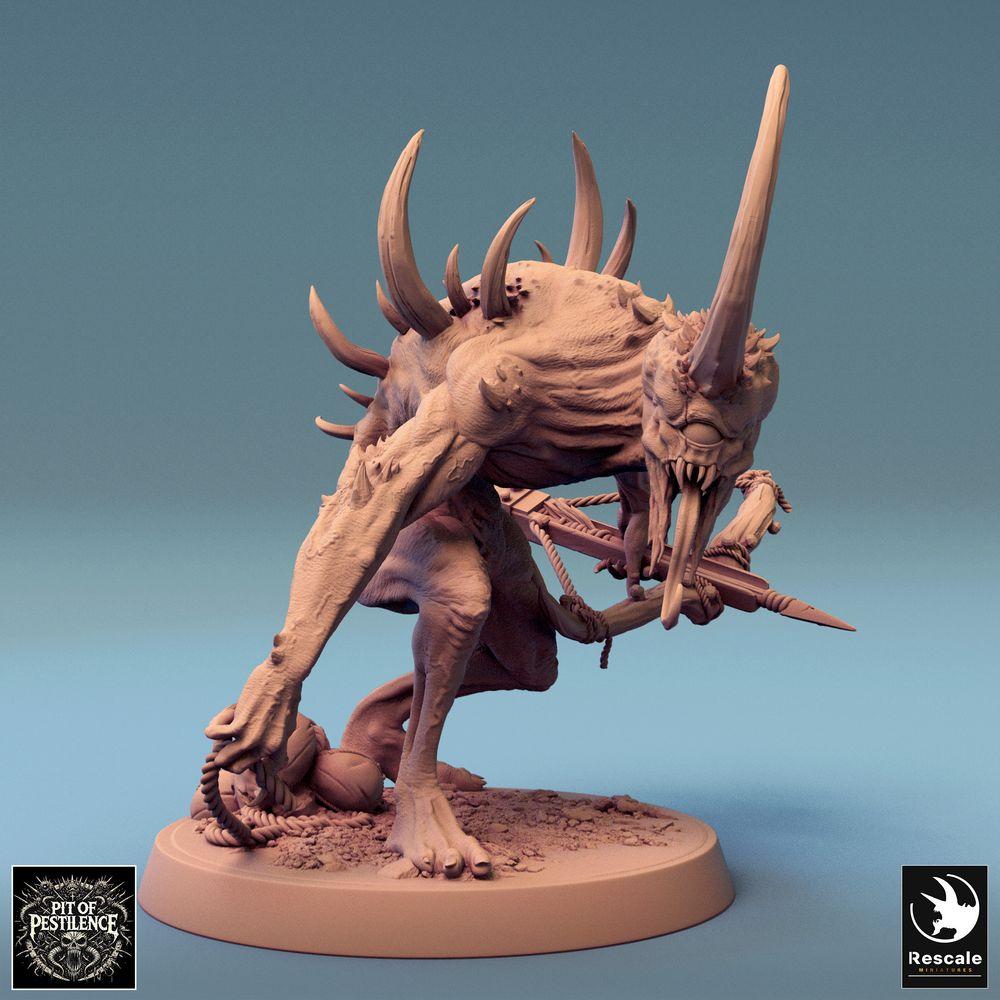 Product photo Tabletop 28mm Lord of the Print (LotP) 0: Tabletop miniature: Demonic Beast - lurking horned monster with spear and trophy, spiked demon, warbeast, dungeon boss (24_08_F12)