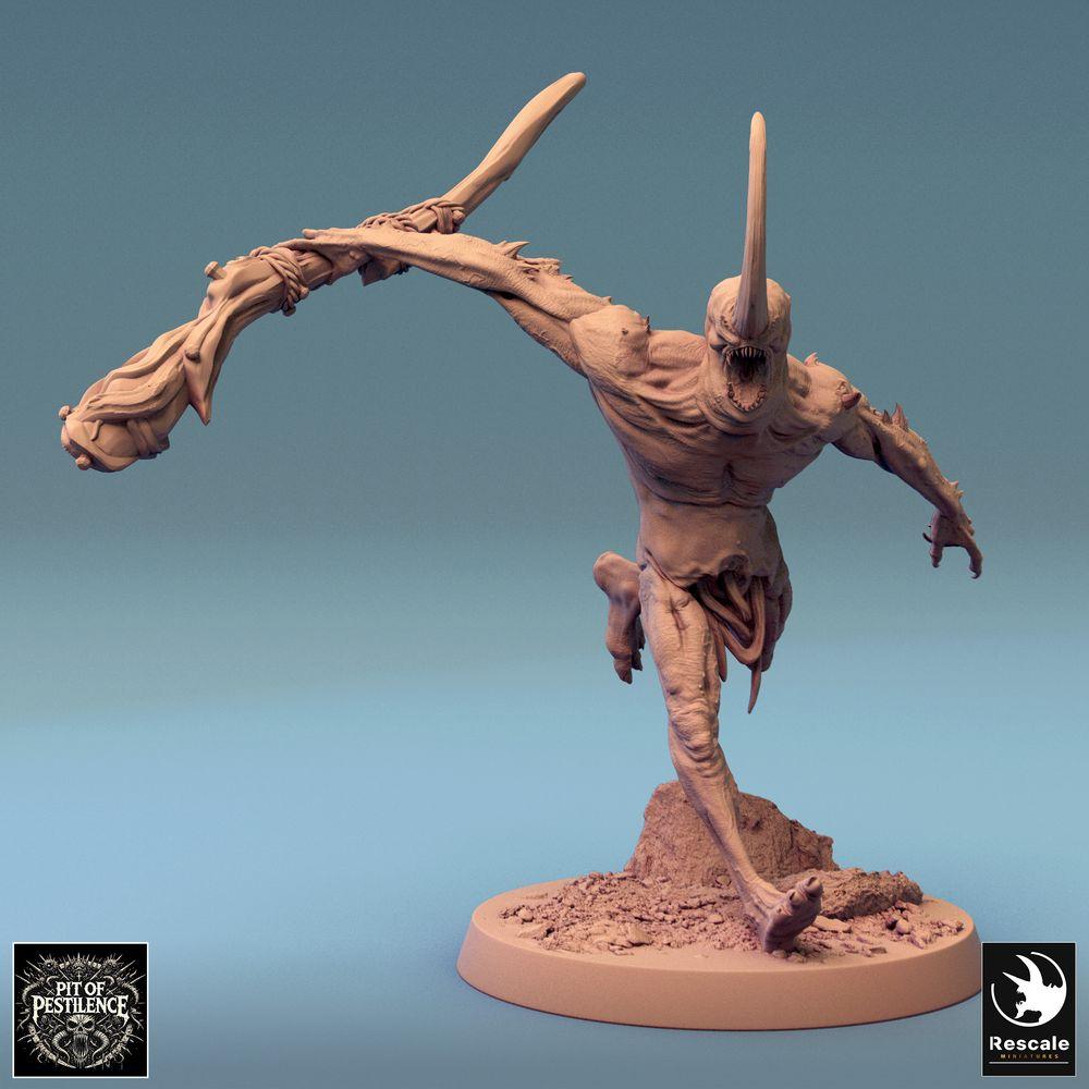 Product photo Tabletop 28mm Lord of the Print (LotP) 0: Tabletop miniature: Demonic Chaos Spawn on the attack with bone club - Mutant Beast, Ghoul Champion, Boss Monster (24_08_F16)