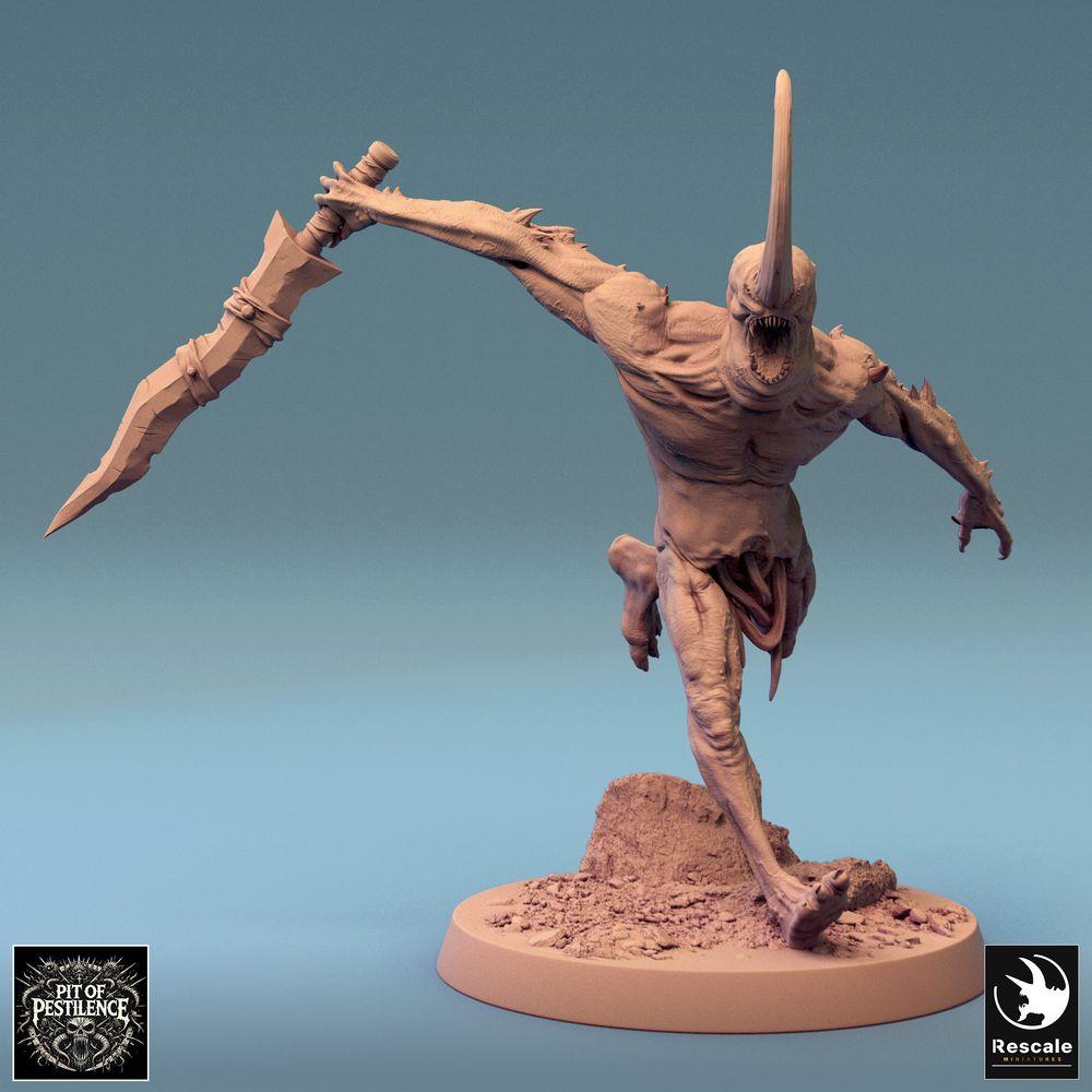 Product photo Tabletop 28mm Lord of the Print (LotP) 0: Tabletop miniature: Demonic Butcher, mutant creature from the abyss with jagged sword in a jumping attack, melee boss (24_08_F17)