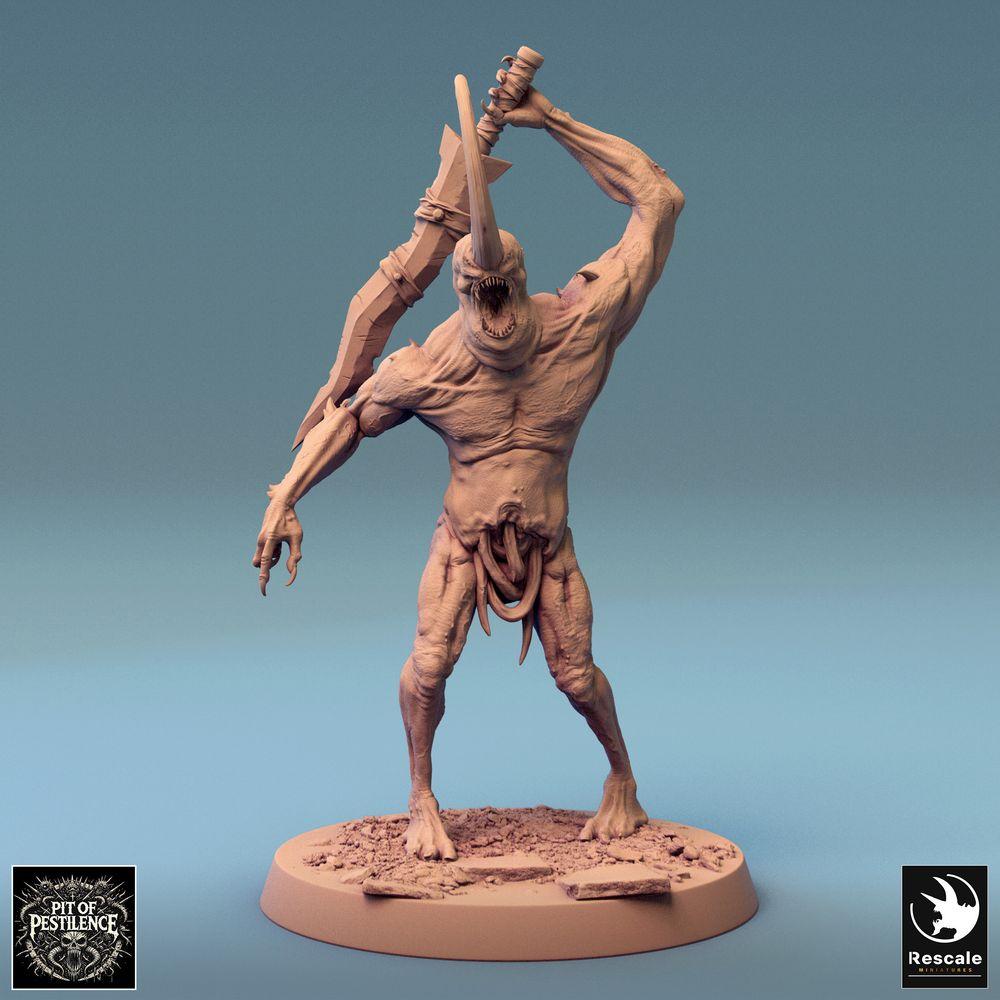 Product photo Tabletop 28mm Lord of the Print (LotP) 0: Tabletop miniature: Horn Demon Demon Spawn - Mutant Berserker with two-handed, serrated Great Blade, boss enemy in close combat (24_08_F19)