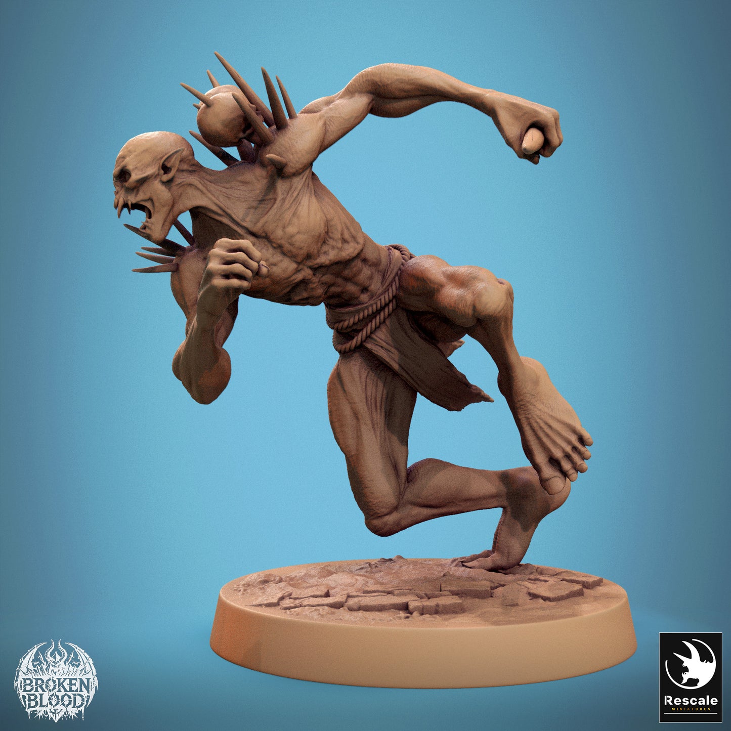 Product photo Tabletop 28mm Lord of the Print (LotP) 1: Fantasy figure: Wild Ghoul Hellspawn - charging demon berserker, melee butcher with claws, bone spikes, and trophies (24_11_B5)