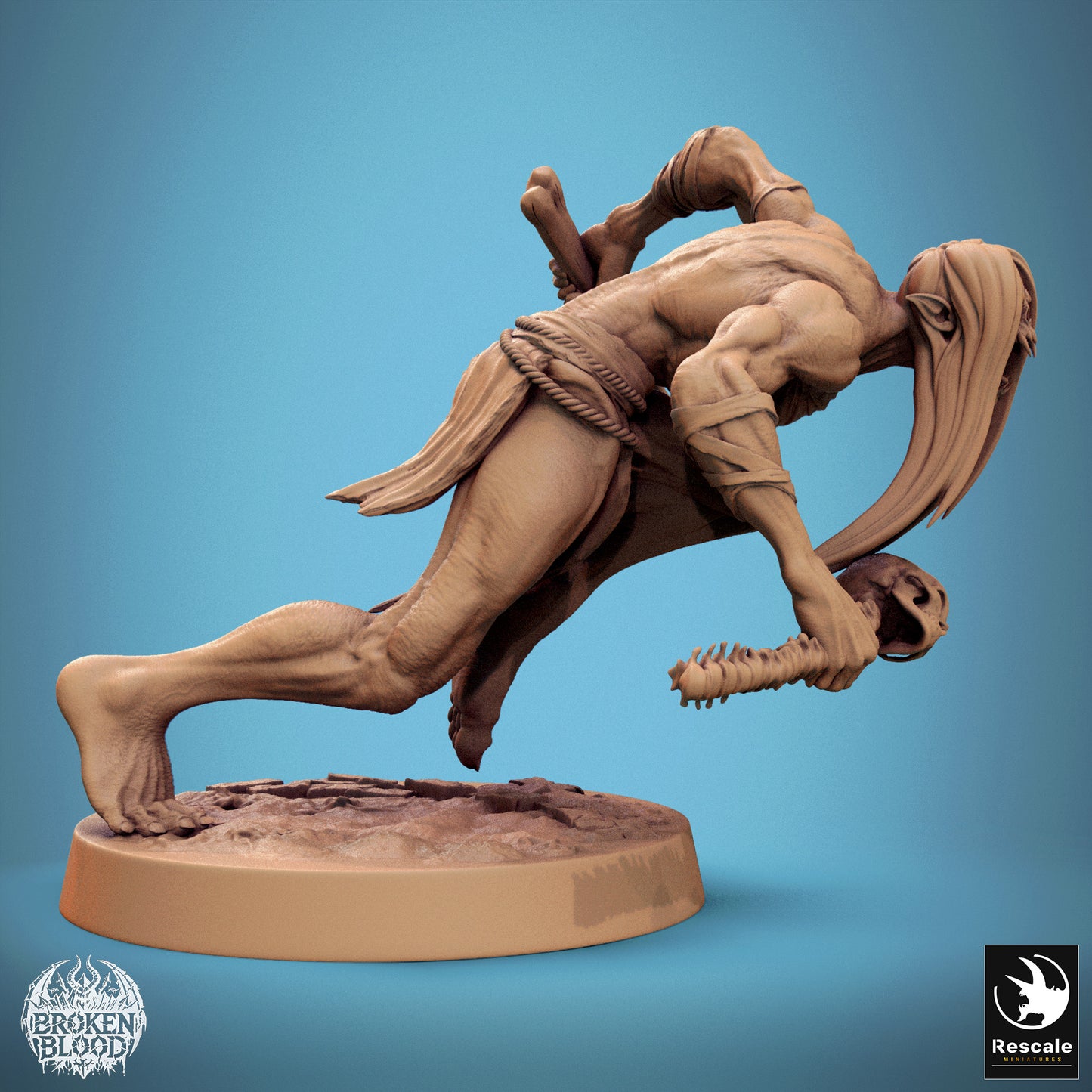 Product photo Tabletop 28mm Lord of the Print (LotP) 1: Tabletop miniature: Savage Ghoul charging, Tomb Beast, and Bone Cult Assassin, undead raider with dagger and bone club made from spine (24_11_B7)