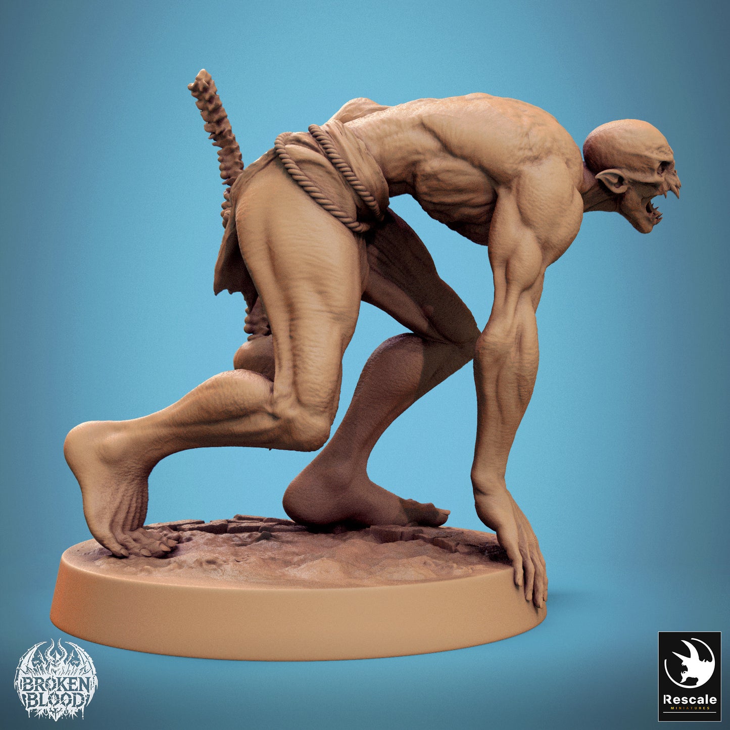Product photo Tabletop 28mm Lord of the Print (LotP) 1: Tabletop miniature: Wild Ghoul, Crypt Horror - crouching forward attack, roaring, with bone club made from spine and skull (24_11_B17)
