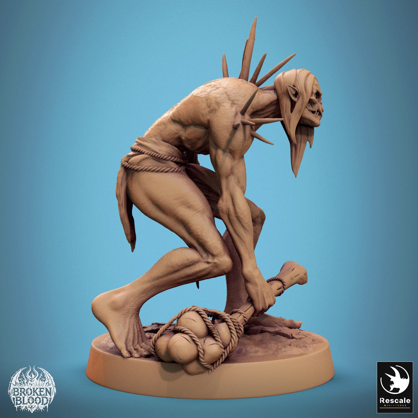 Product photo Tabletop 28mm Lord of the Print (LotP) 1: Fantasy figure: Wild Ghoul Warrior with Bone Club and Bone Dagger - Undead Mutant, Spike Horror, Dungeon Boss (24_11_B21)
