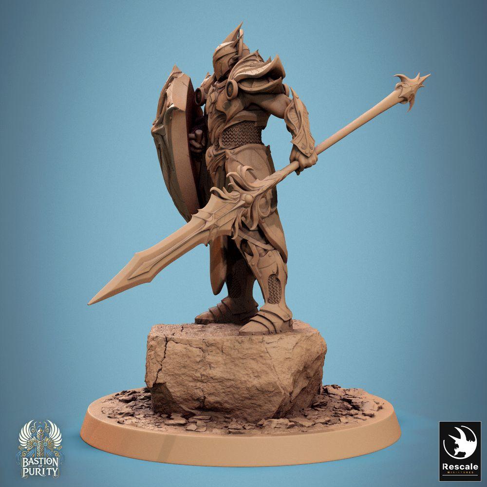 Product photo Tabletop 28mm Lord of the Print (LotP) 0: Tabletop miniature: Paladin Commander with spear and large shield, armored knight, elite guard, shield bearer - Sentinel of Aetherium (24_09_D5)