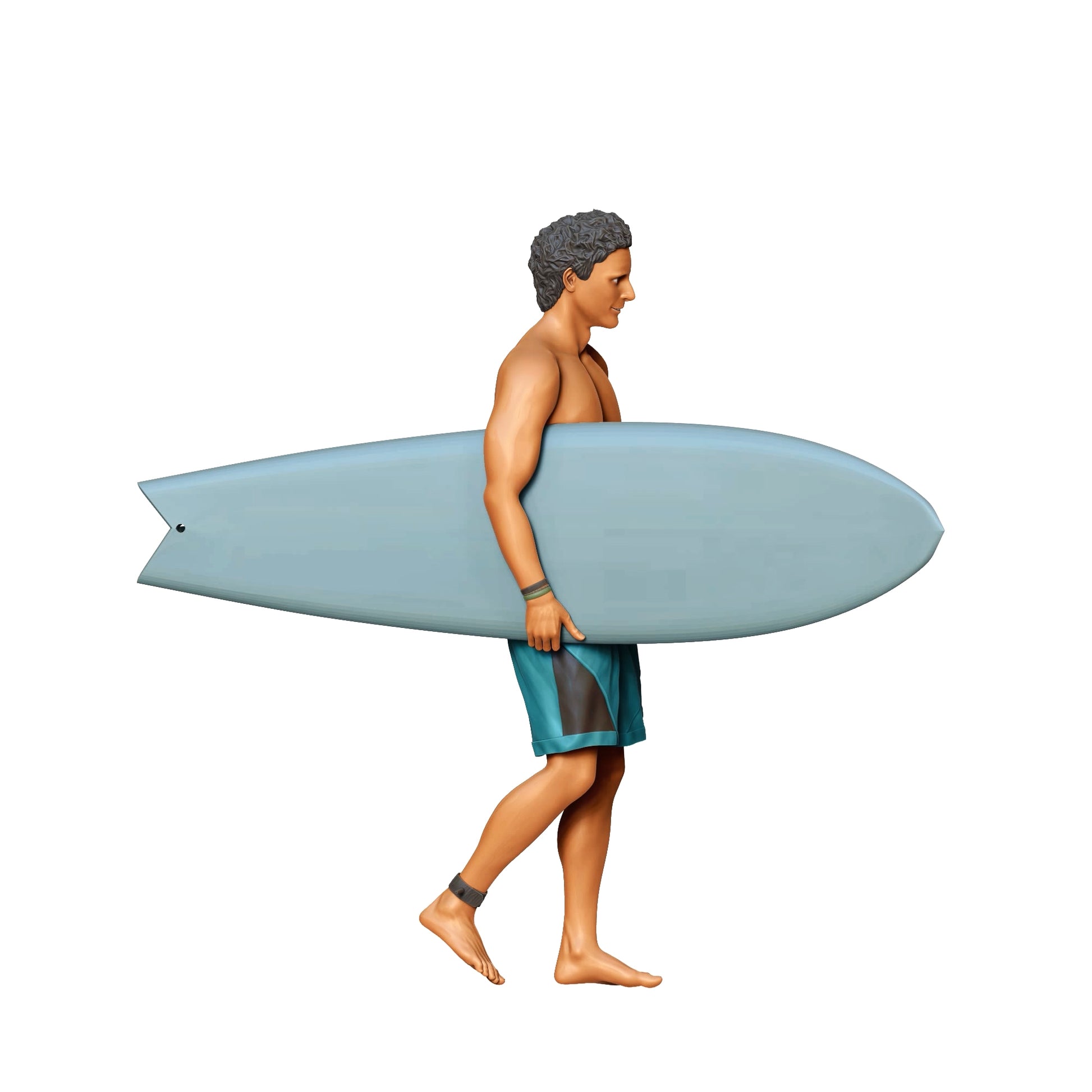 Product photo diorama and model building miniature figure: Wave Rider: Surfer with surfboard on the beach