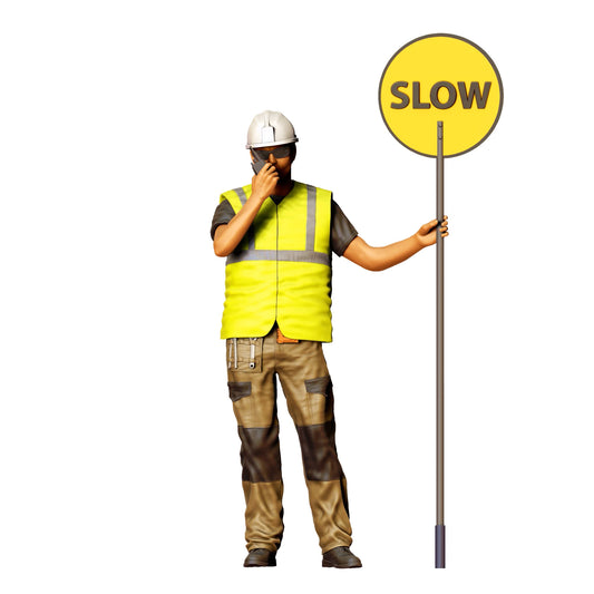 Diorama model building product photo 0: Road worker with "Slow" sign and radio - traffic figure in safety clothing (Ref. No. 396)