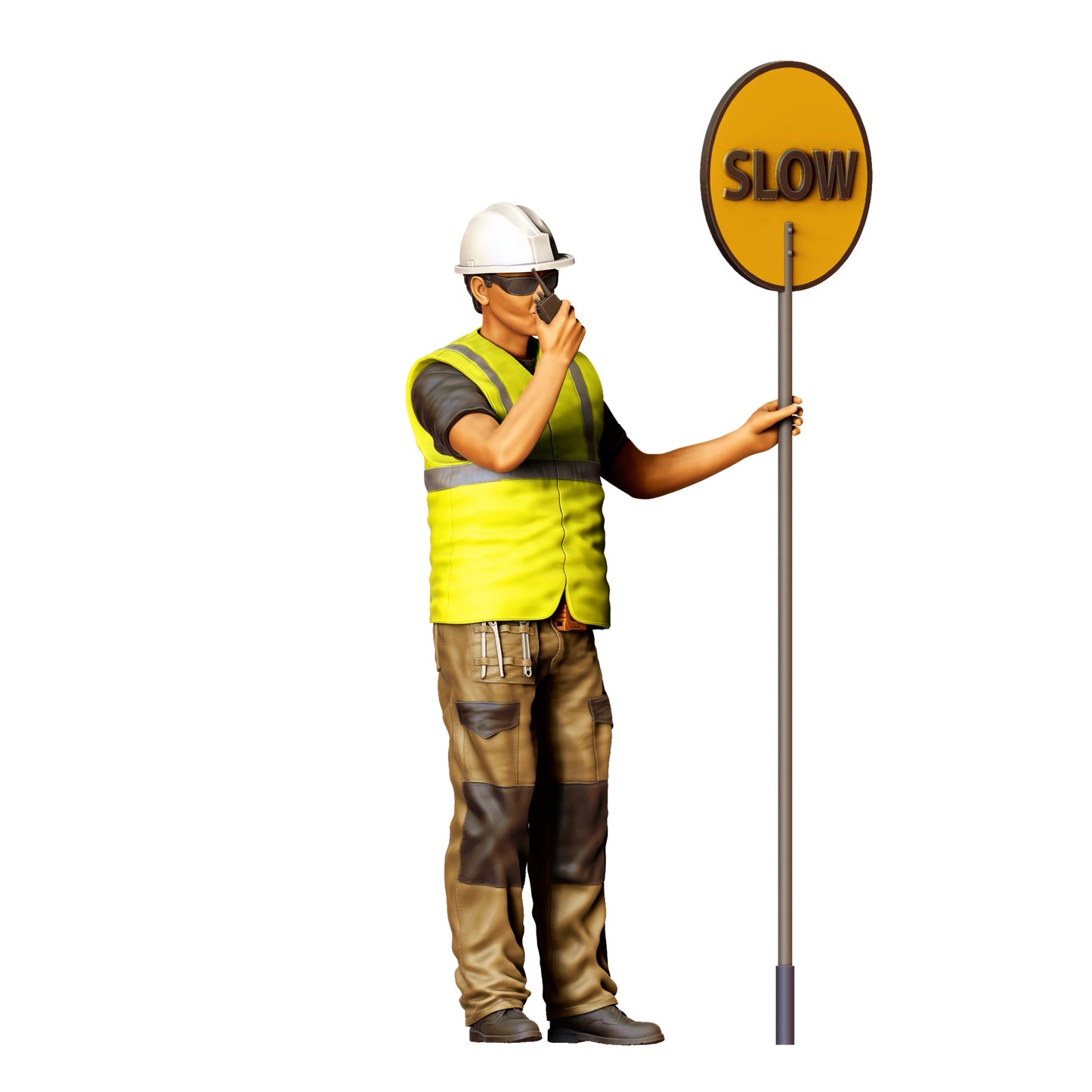 Diorama Modellbau Produktfoto 0: Straßenarbeiter mit „Slow“ Schild und Funkgerät - Verkehrsfigur in Warnkleidung (Ref. Nr. 396)