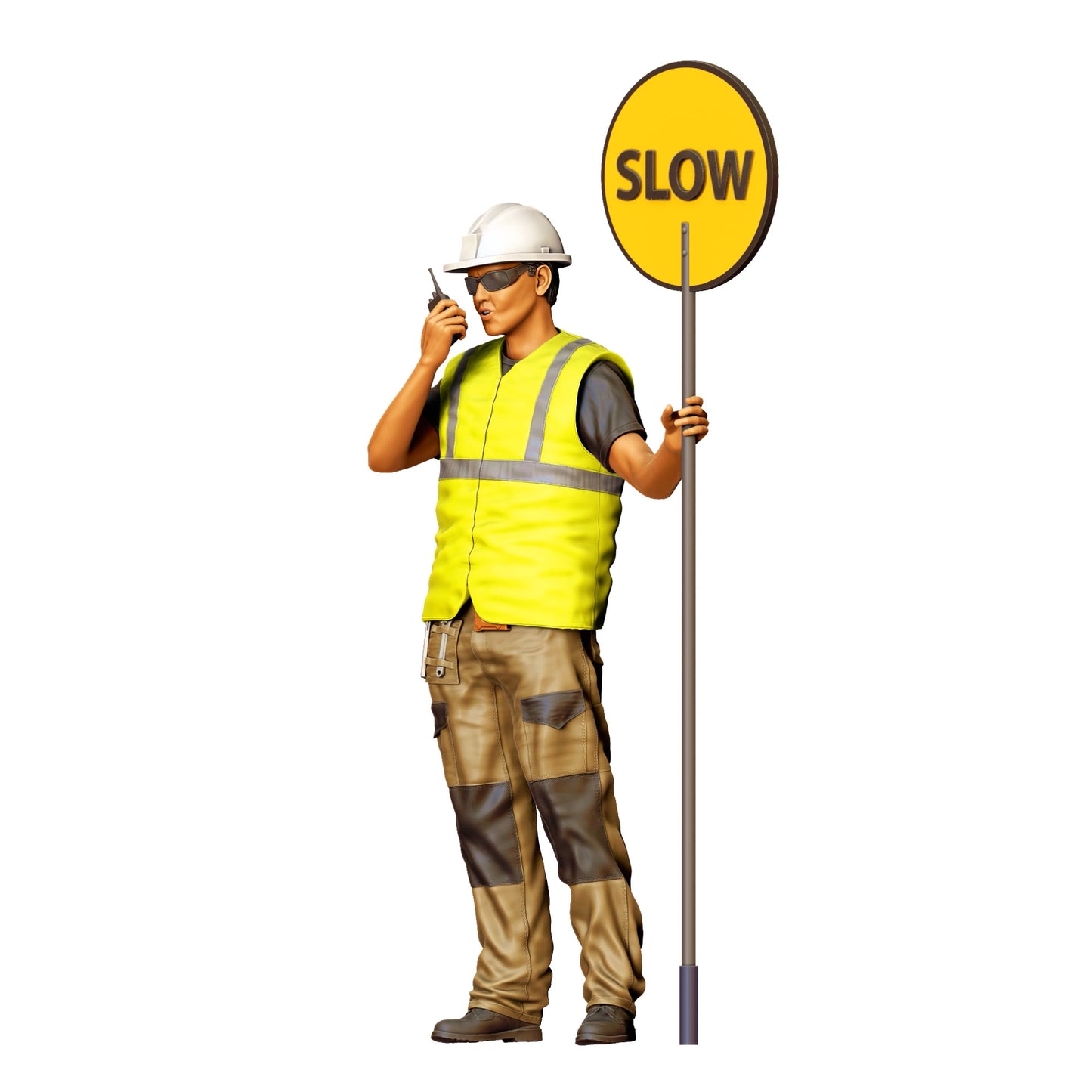 Diorama Modellbau Produktfoto 0: Straßenarbeiter mit „Slow“ Schild und Funkgerät - Verkehrsfigur in Warnkleidung (Ref. Nr. 396)