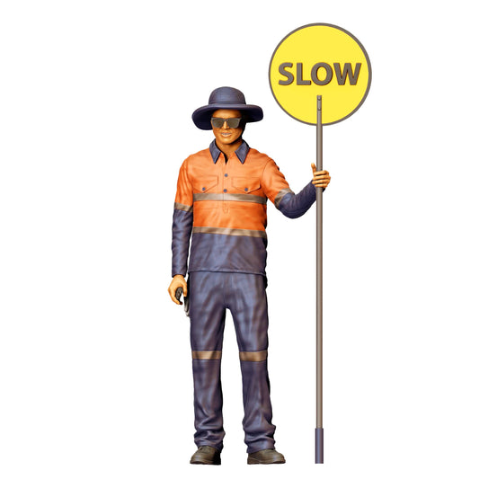 Diorama model building product photo 0: Road worker with "Slow" sign - traffic figure in warning clothing (Ref. No. 395)