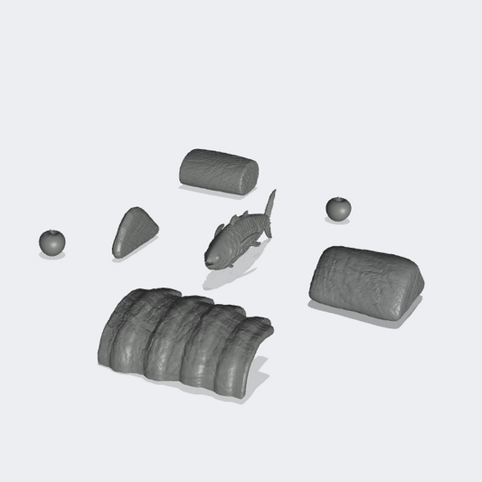 Product photo miniature furniture, diorama and model building 0: In the kitchen: food - 2 apples, 3 pieces of meat, tuna