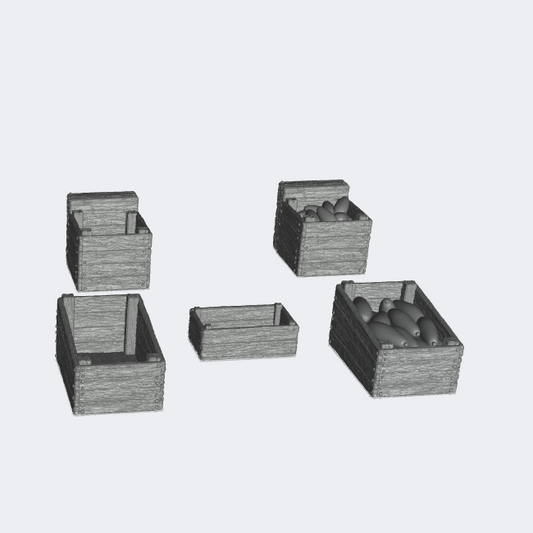 Product photo miniature furniture, diorama setup and model building 0: Market and Bazaar: 5 crates, fruit crates - empty and with fruits