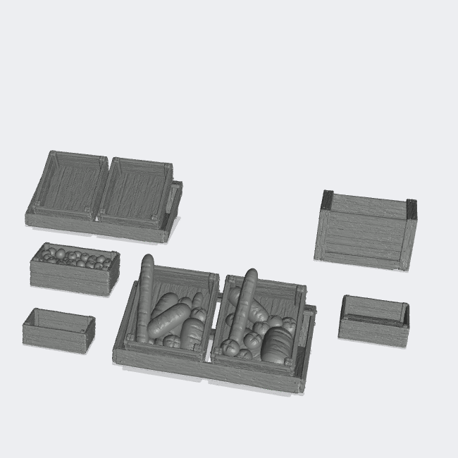 Product photo miniature furniture, diorama setup, and model building 0: Market and Bazaar: 6 crates, empty fruit crates, with bread and with fruits