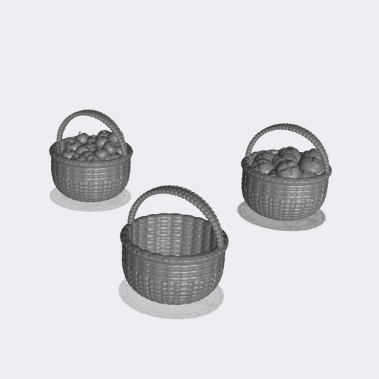 Product photo miniature furniture, diorama setup and model building 0: Market and Bazaar: 3 woven baskets, empty, with apples and with bread