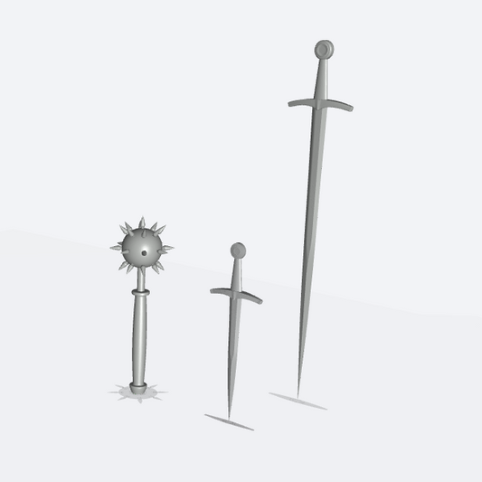 Product photo miniature furniture, diorama and model building 0: Medieval blacksmith: 3 weapons - morning star, dagger, and sword
