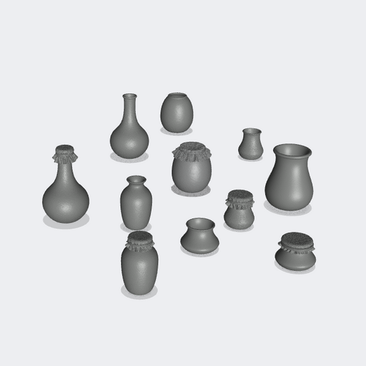 Product photo miniature furniture, diorama and model building 0: Storage and organization: Jug set B - 11 clay jugs, containers, cups, glasses, bowls