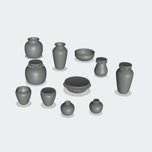 Product photo miniature furniture, diorama and model building 0: Storage and organization: Jug set A - 11 clay jugs, containers, cups, glasses, bowls