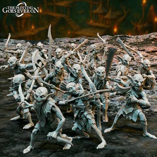 Product photo Tabletop 28mm The Printing Goes Ever On (TPGEO) 0: Goblin Army - 15 warrior creatures - Hostile cave dwellers