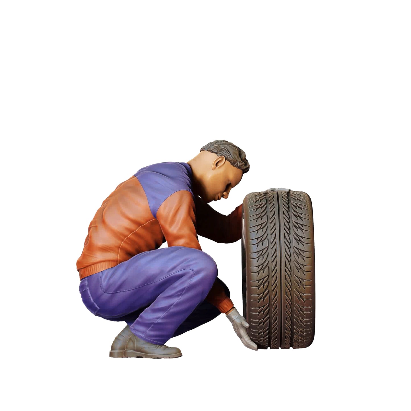Product photo 0: Mechanic kneeling: Tire change in the auto repair shop