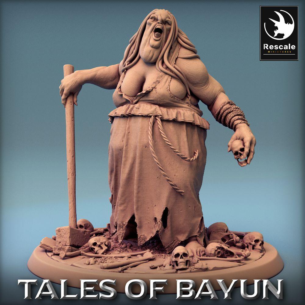 Product photo Tabletop 28mm Lord of the Print (LotP) 0: Fantasy Figure: Kikimora Witch Matriarch, Swamp Witch, Necromancer, and Shaman with Staff and Skull (24_01_D3)