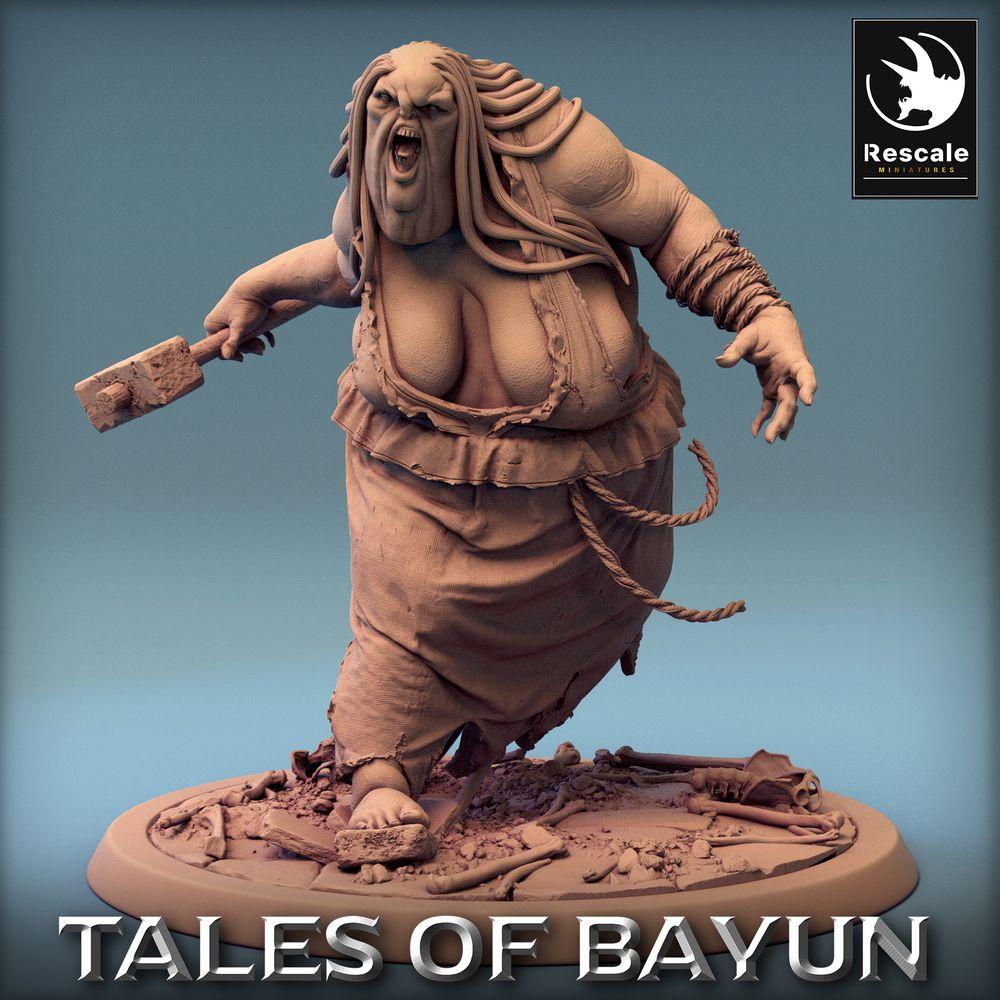 Product photo Tabletop 28mm Lord of the Print (LotP) 0: Tabletop miniature: Kikimora Ogre Butcher, charging Swamp Witch with cleaver, Troll Matron Boss Monster (24_01_D4)