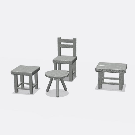 Product photo miniature furniture, diorama setup and model building 0: Furniture and inventory: 4 stools and chairs (Ref. 43D)