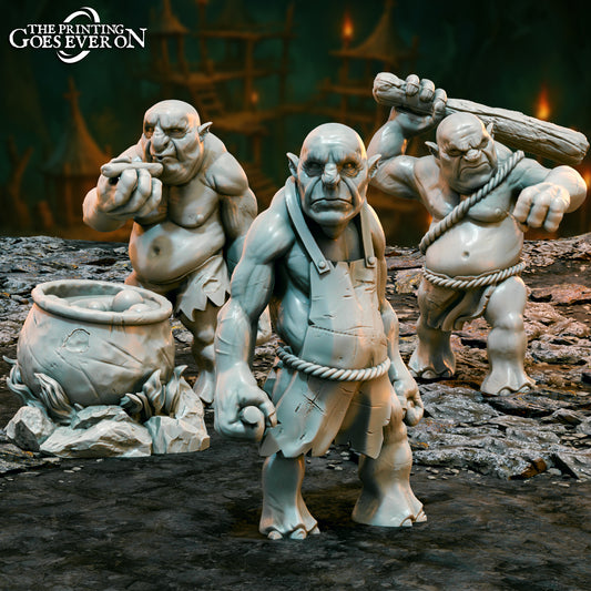 Product photo Tabletop 28mm The Printing Goes Ever On (TPGEO) 0: Mountain Trolls - 3 Cave Dweller Giants - Malevolent Cooks