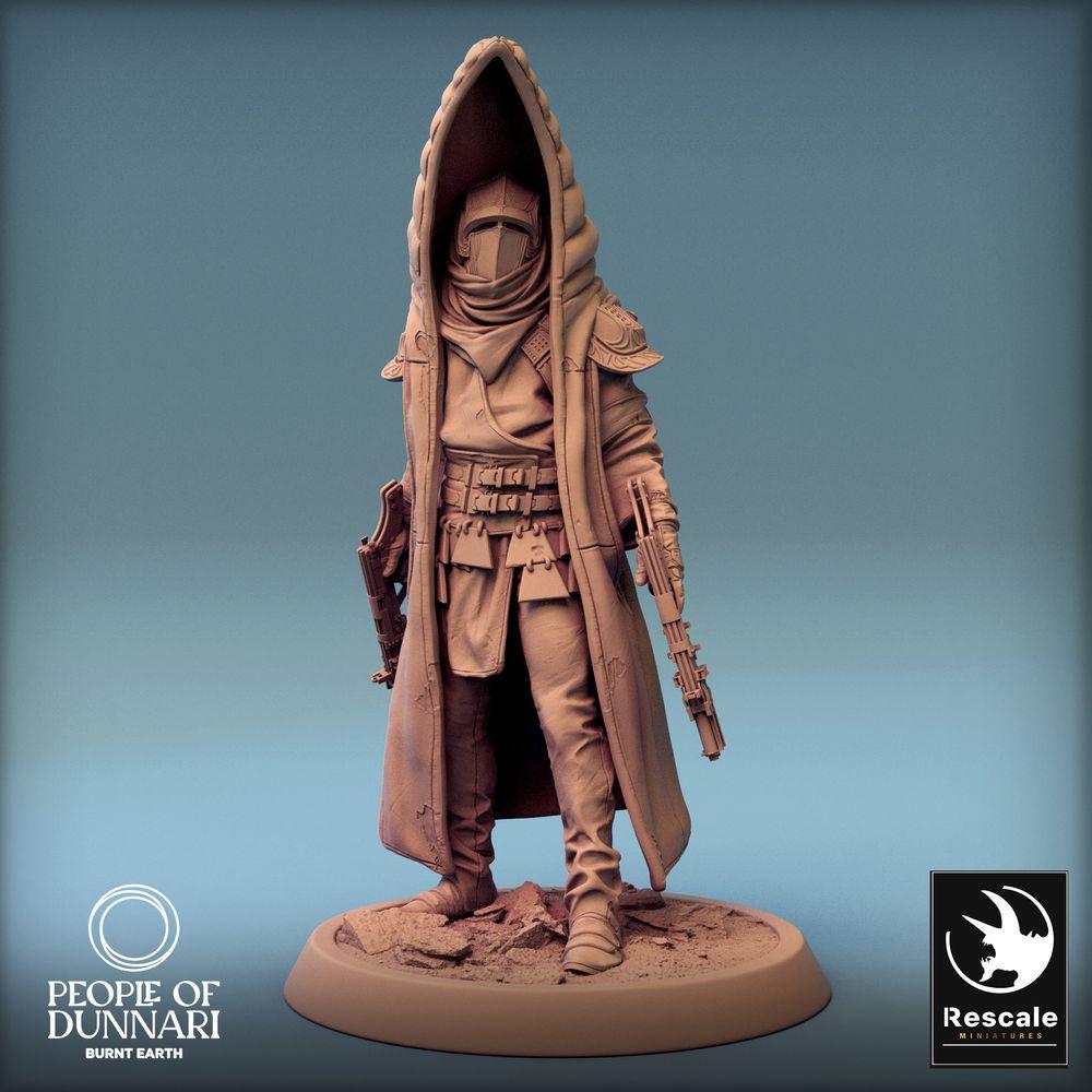 Produktfoto Tabletop 28mm Lord of the Print (LotP) 0: Sci‑Fi Figur: Postapokalyptischer Wüstenranger, Bounty Hunter / Gunslinger - Sandsturm-Anführer mit Pistole und Karabiner (24_03_H8)