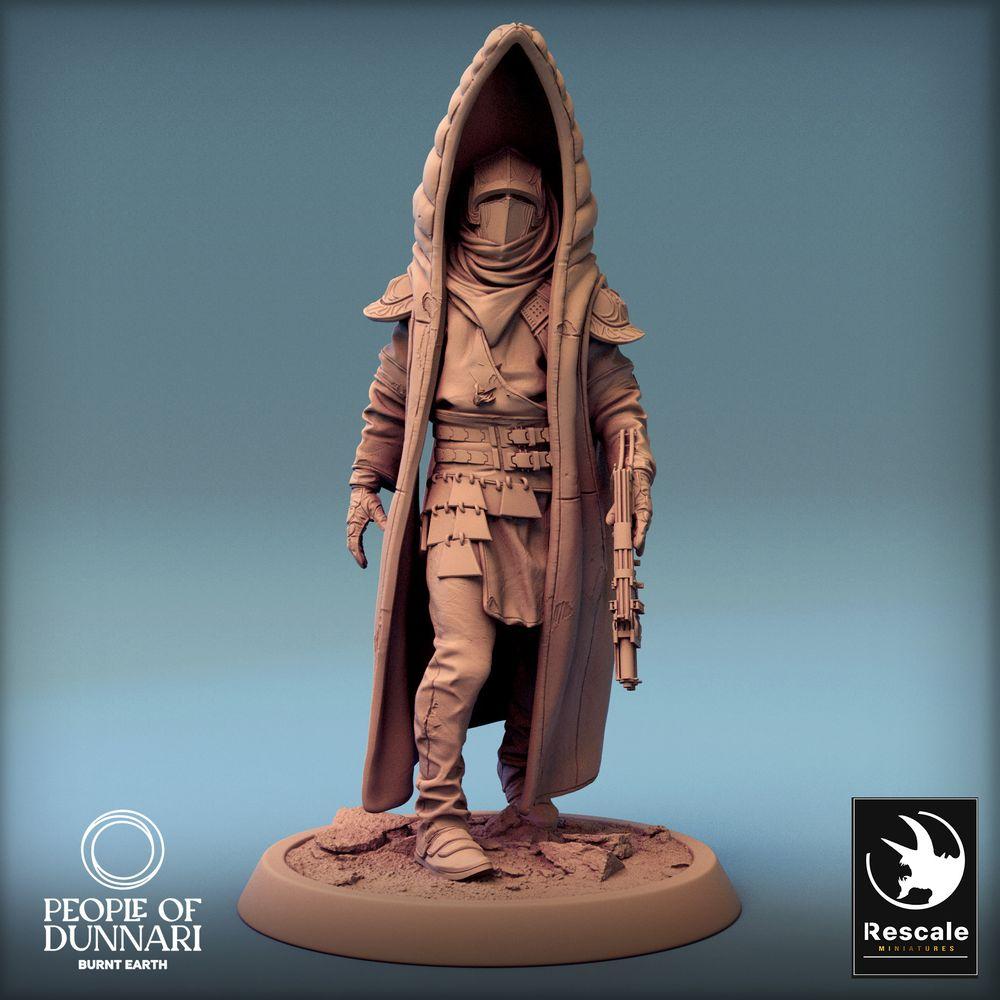 Product photo Tabletop 28mm Lord of the Print (LotP) 0: Sci-Fi Figure: Sandstorm Walker, Desert Nomad, Bounty Hunter with Energy Carbine (24_03_E3)