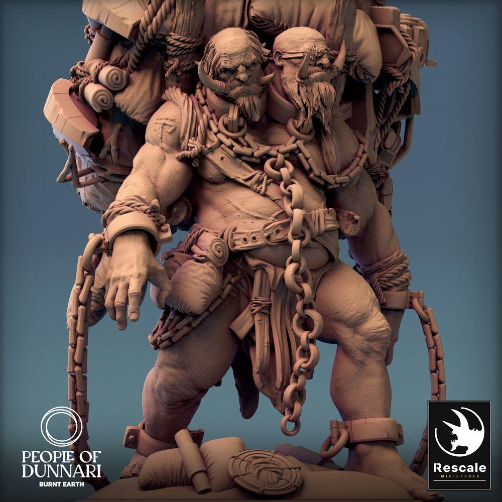 Product photo Tabletop 28mm Lord of the Print (LotP) 0: Tabletop miniature: Two-headed ogre Ettin - pack giant, post-apocalyptic scrap collector with chain weapons (24_03_I2)