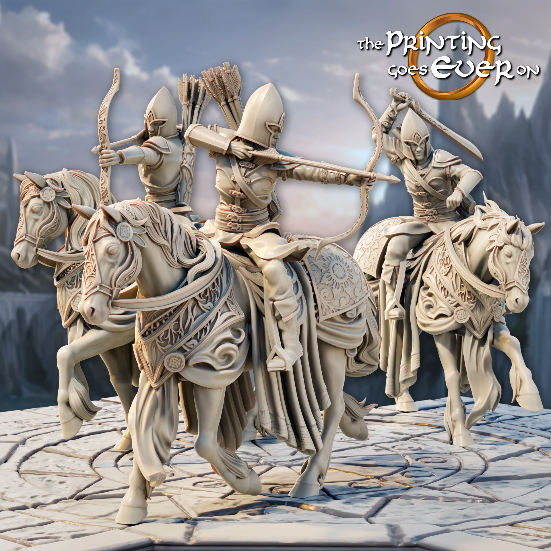 Product photo Tabletop 28mm The Printing Goes Ever On (TPGEO) 0: Elven Riders - 3 Warriors of the Elven Folk on Horses - Mounted Scouts and Archers