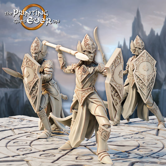 Product photo Tabletop 28mm The Printing Goes Ever On (TPGEO) 0: Elven Watch Post - 3 Guardians of the Elven Folk - Spear Bearers