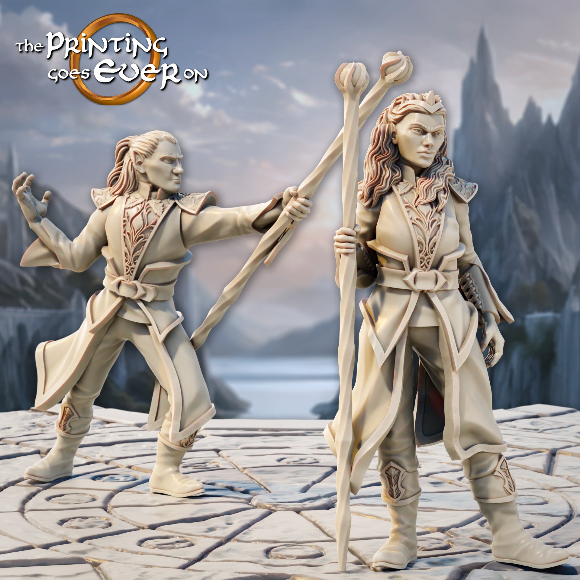 Product photo Tabletop 28mm The Printing Goes Ever On (TPGEO) 0: Elven Mage - 2 Wizards of the Elven Folk - Elemental Summoner