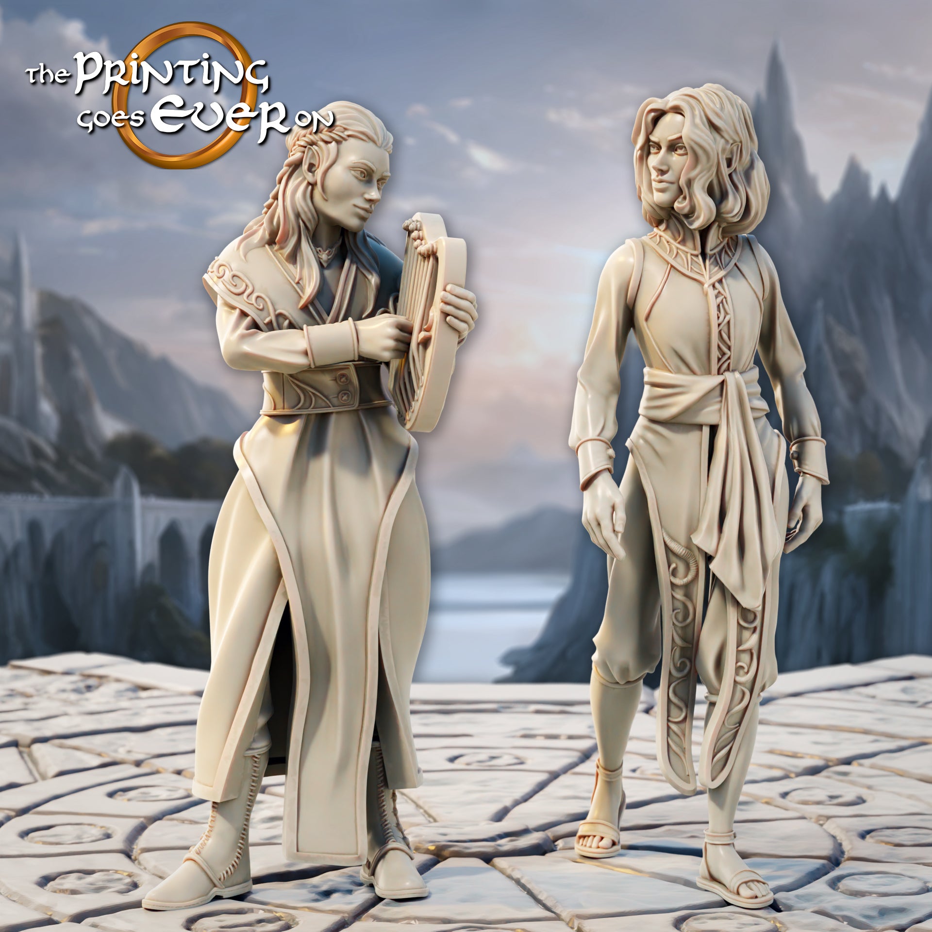 Product photo Tabletop 28mm The Printing Goes Ever On (TPGEO) 0: Elven Inhabitants - 2 Townsfolk of the Elven Race - Musician and Worker