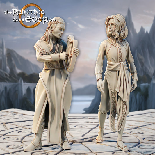 Product photo Tabletop 28mm The Printing Goes Ever On (TPGEO) 0: Elven Inhabitants - 2 Townsfolk of the Elven Race - Musician and Worker