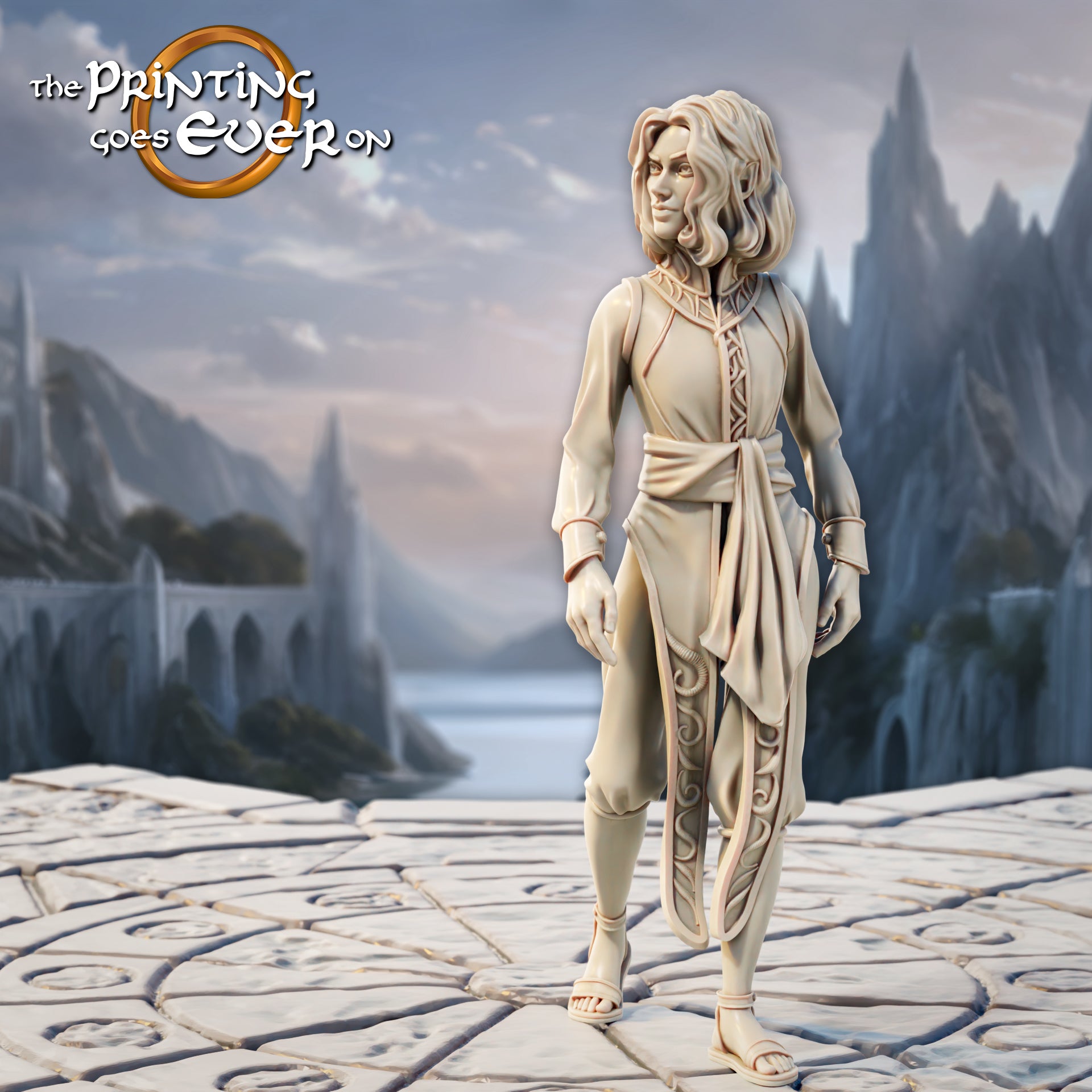 Product photo Tabletop 28mm The Printing Goes Ever On (TPGEO) 0: Elven Inhabitants - 2 Townsfolk of the Elven Race - Musician and Worker
