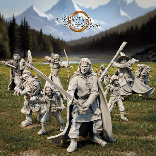 Product photo Tabletop 28mm The Printing Goes Ever On (TPGEO) 0: 9 Heroes in Combat Pose Remastered: Companions of Humans, Elves, Dwarves, and Halflings - Warriors