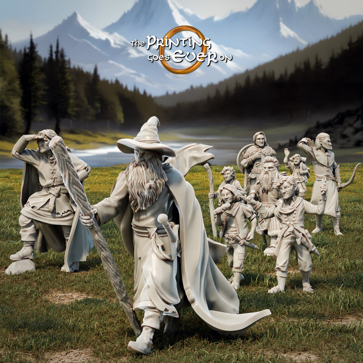 Product photo Tabletop 28mm The Printing Goes Ever On (TPGEO) 0: 9 Heroes in Wanderer Pose Remastered: Companions of Humans, Elves, Dwarves, and Halflings - Wanderer