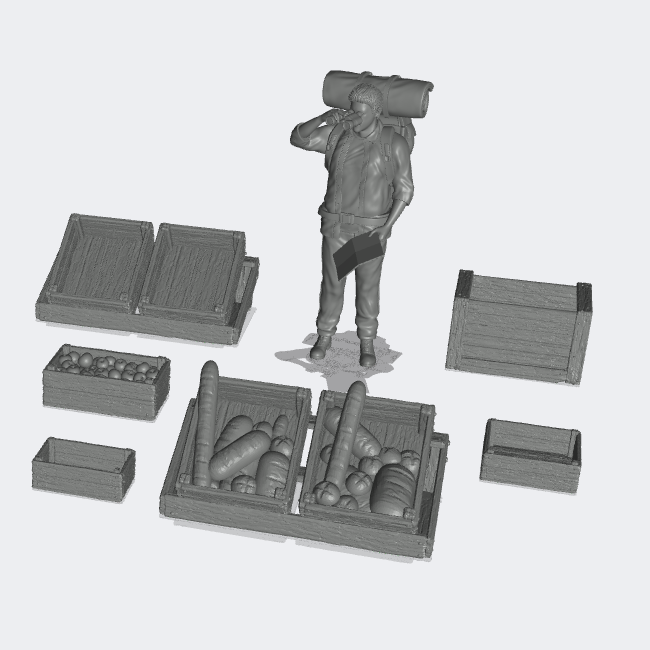 Product photo miniature furniture, diorama setup, and model building 0: Market and Bazaar: 6 crates, empty fruit crates, with bread and with fruits