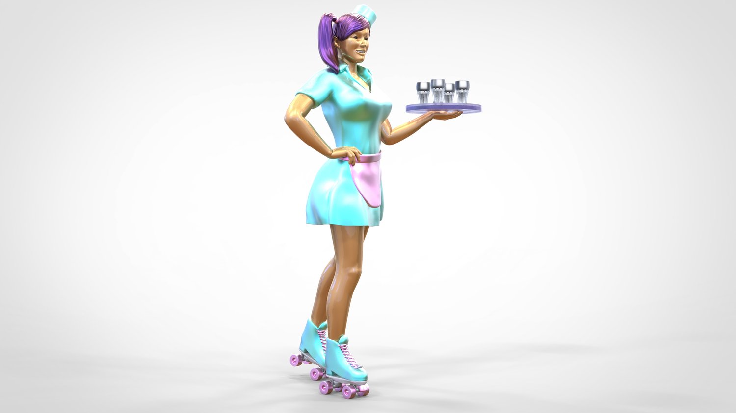 Product photo 0: Waitress on roller skates 2: Server with tablet brings drinks