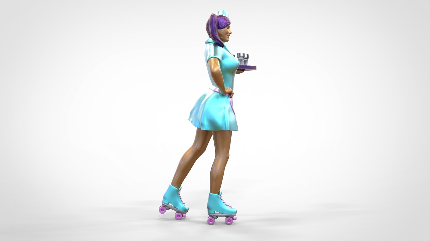 Product photo 0: Waitress on roller skates 2: Server with tablet brings drinks