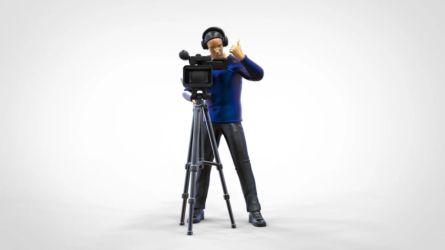 Product photo diorama and model building miniature figure: Reporter team - cameraman with camera and tripod