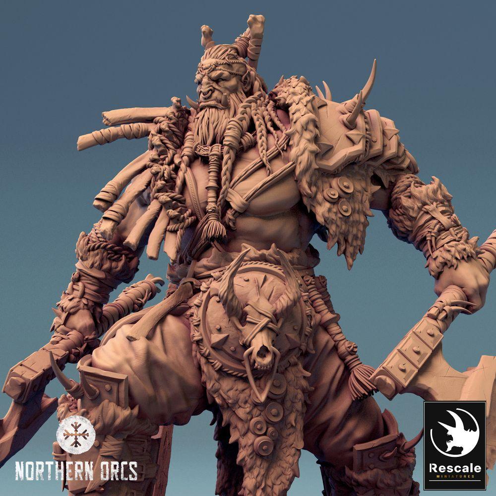 Product photo Tabletop 28mm Lord of the Print (LotP) 0: Tabletop miniature: Orc Berserker, Orc Warlord, axe fighter with two axes (24_04_E1)