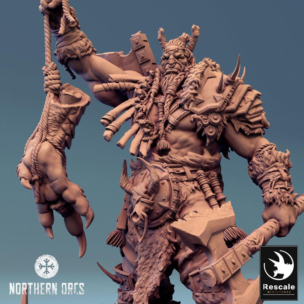 Product photo Tabletop 28mm Lord of the Print (LotP) 0: Tabletop miniature: Orc Chief Azhrog, Warlord and Trophy Hunter with Splitter Axe (24_04_E2)