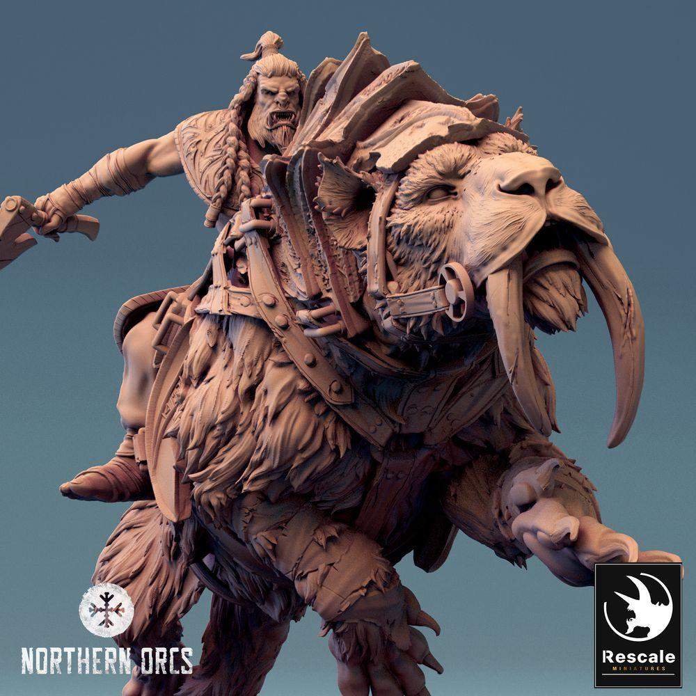 Product photo Tabletop 28mm Lord of the Print (LotP) 0: Fantasy Figure: Orc Beast Rider on Sabertooth War Beast, Barbarian War Leader with Scimitar - Monster Rider, Orc Beast Rider (24_04_C2)